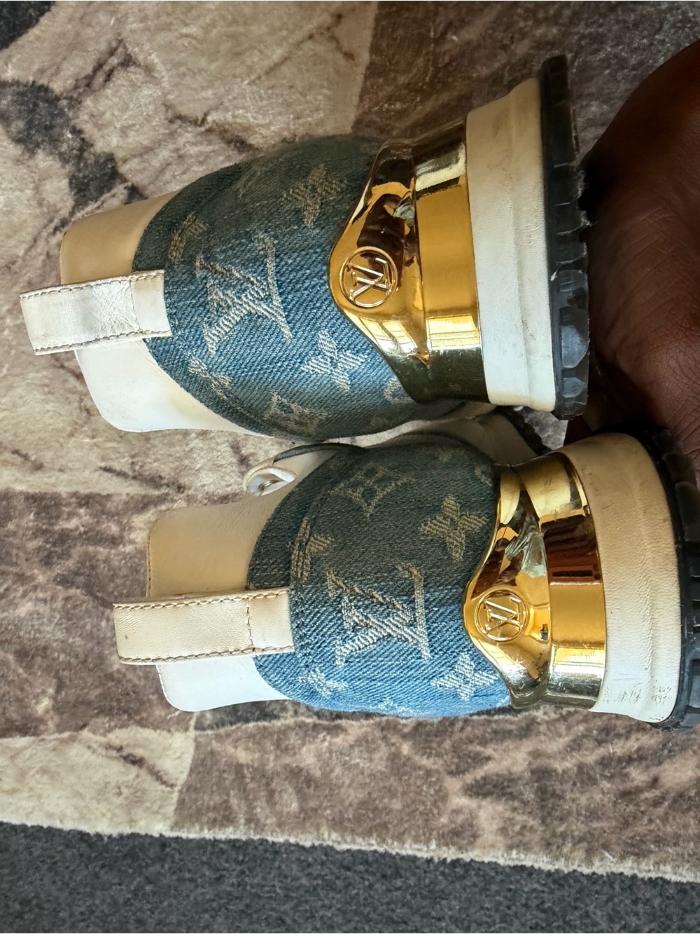 Louis Vuitton Blue Denim Monogram Ankle Booties with Gold Trim